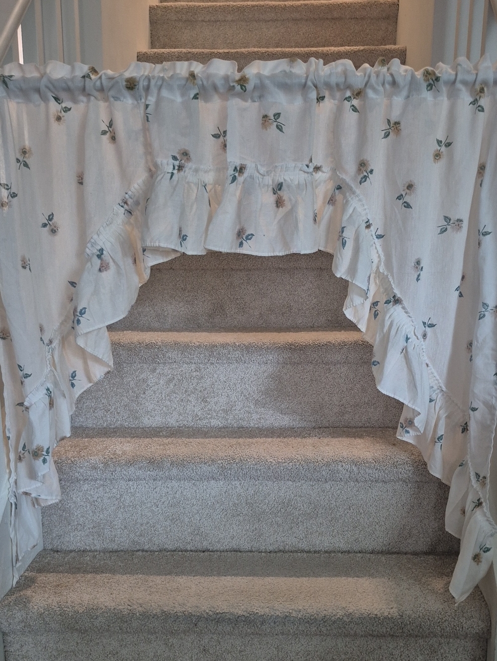 Floral Ruffled Swag Curtain - White with Green and Gold Accents